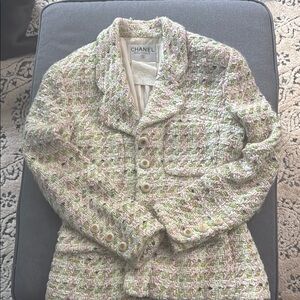 Chanel Vintage Cream, Light Pink and Green Blazer Classic Tweed Design